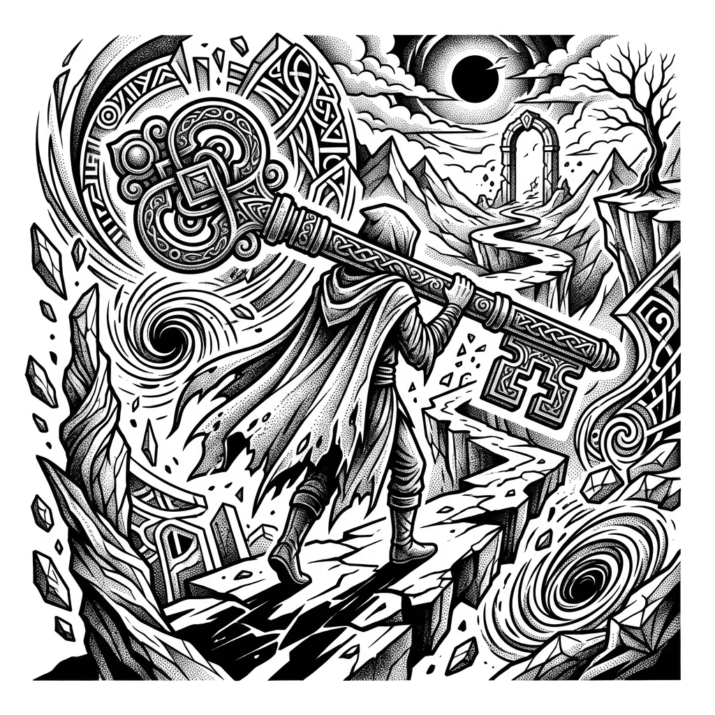 Custom Black & White AI tattoo — Symbolic tattoo design, lone figure carrying an oversized ancient key across sho