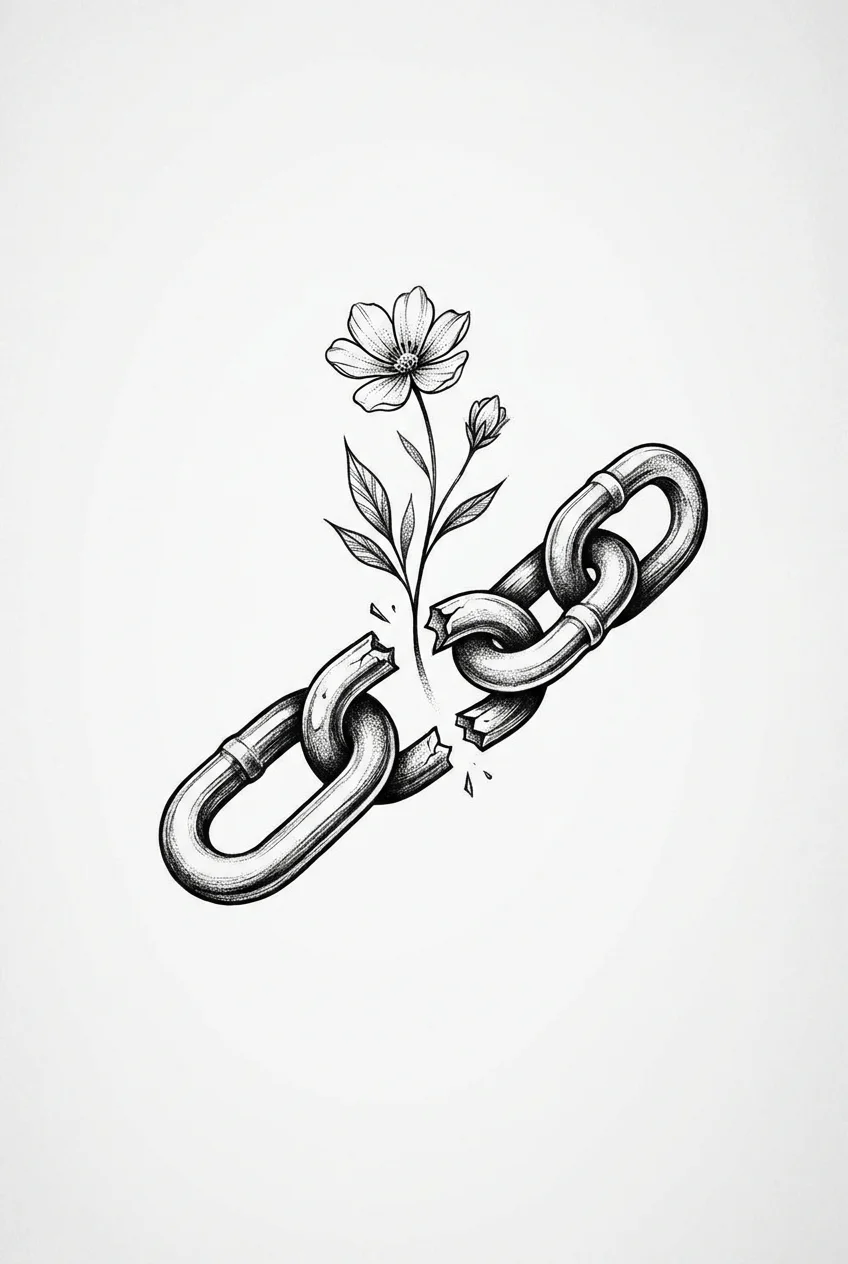 Realism Black & White AI rose tattoo — A single, fine-line broken chain link, rendered with elegant simplicity. From th