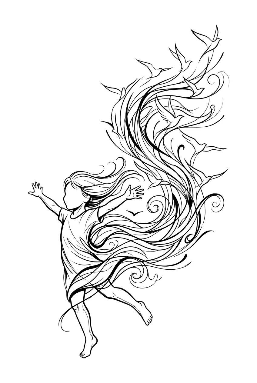 Custom Black & White AI tattoo — A conceptual tattoo of a joyful little child dancing barefoot with arms wide ope