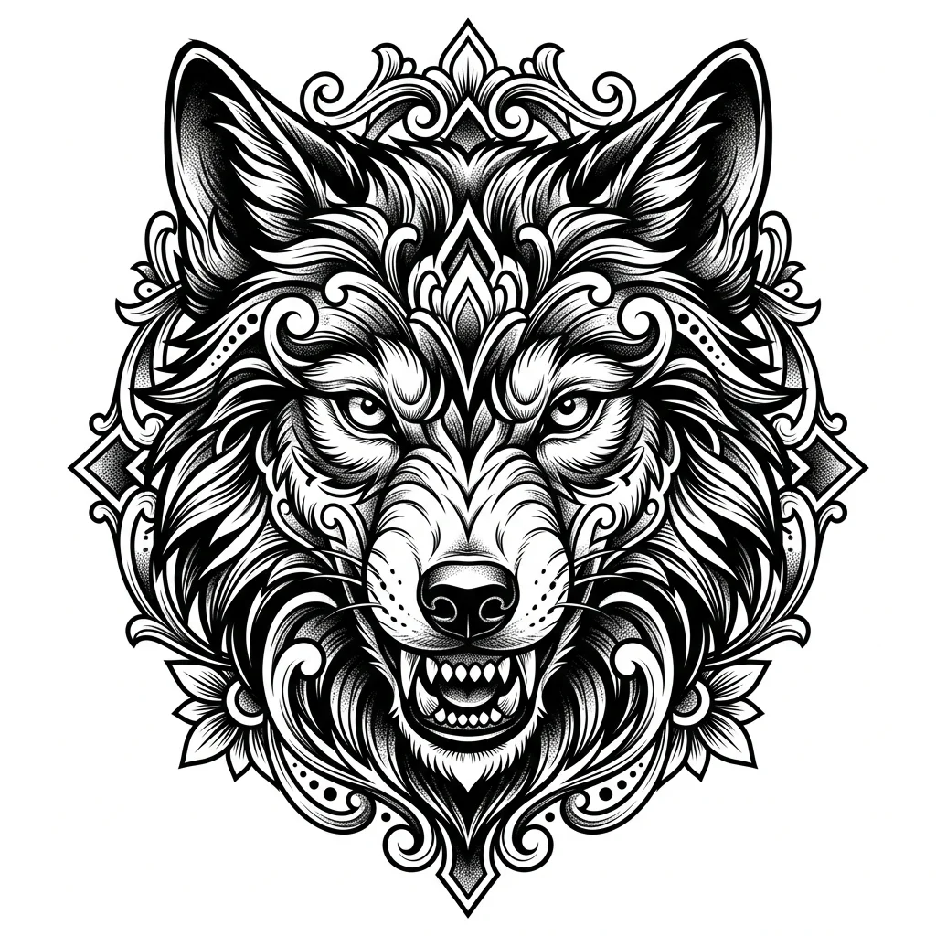 Neo Traditional Black & White AI wolf tattoo — Wolf face, looking just straight to the camera