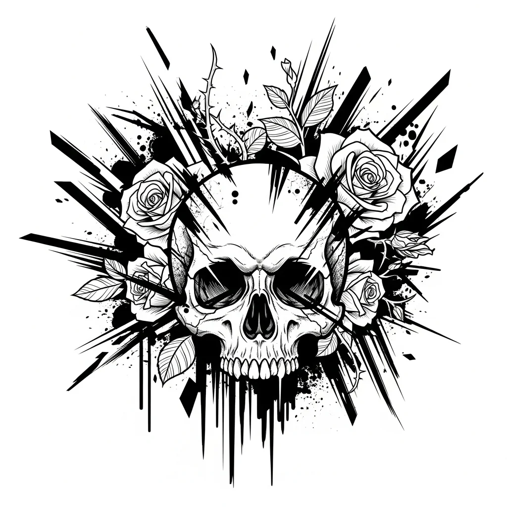 Custom Black & White AI skull tattoo — Skull and roses