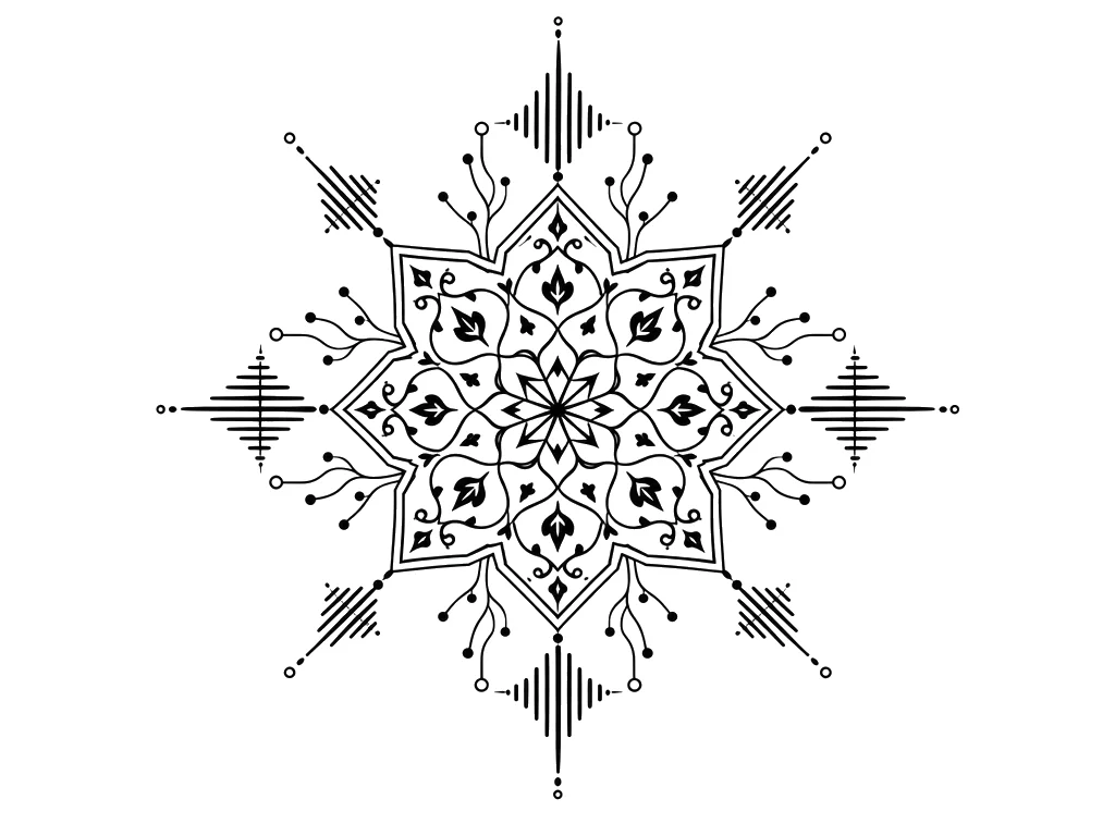 Minimalist Black & White AI tattoo — A traditional Persian 8-pointed geometric star (Shamseh / شمسه) whose outward fa