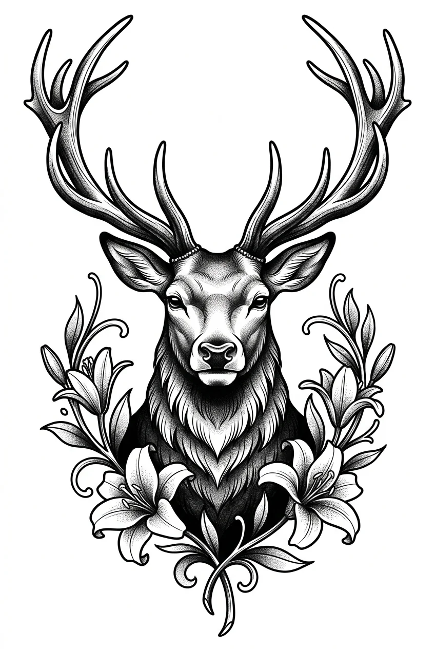 Neo Traditional Black & White AI mandala tattoo — A majestic stag head, held high with a powerful, stoic expression and sweeping, 