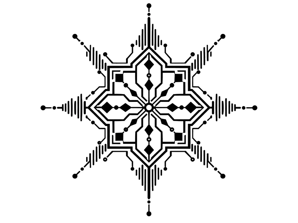 Cybersigilism Black & White AI tattoo — A traditional Persian 8-pointed geometric star (Shamseh / شمسه) whose outward fa
