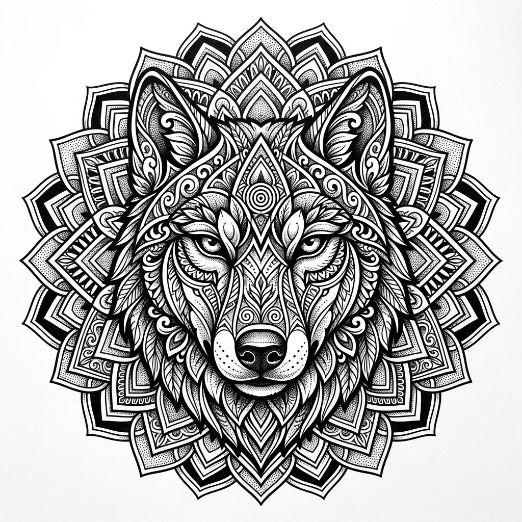 Ornamental Black & White AI wolf tattoo — Wolf face, looking just straight to the camera