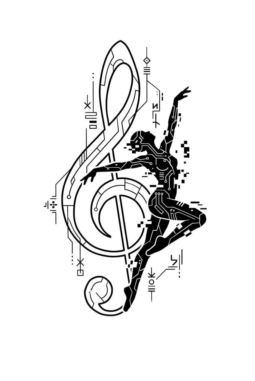 Cybersigilism Black & White AI tattoo — A single, fluid continuous line forms a treble clef that mimics the graceful sil
