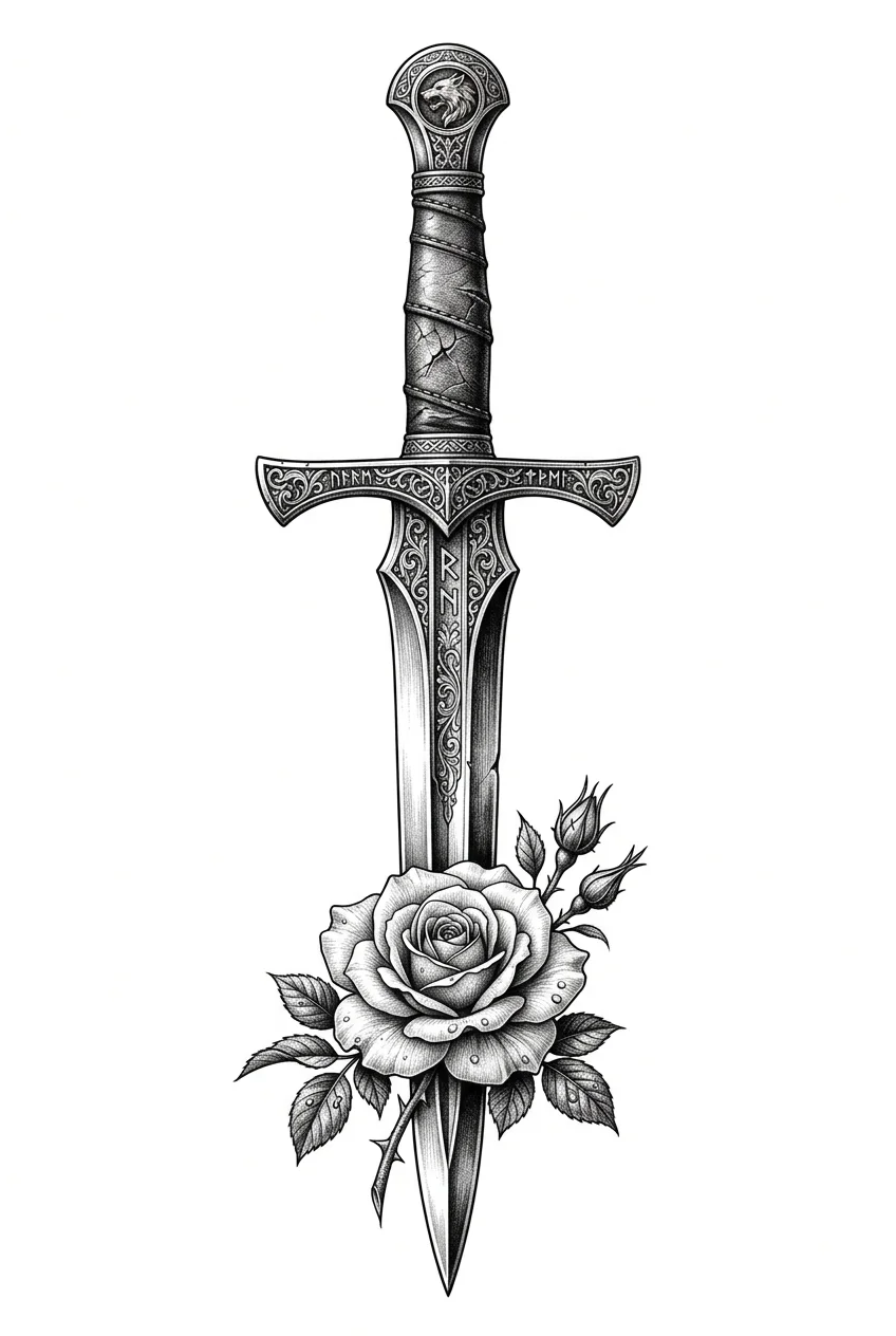 Custom Black & White AI dagger & sword tattoo — An intricately detailed medieval sword, its razor-sharp steel blade gleaming wit