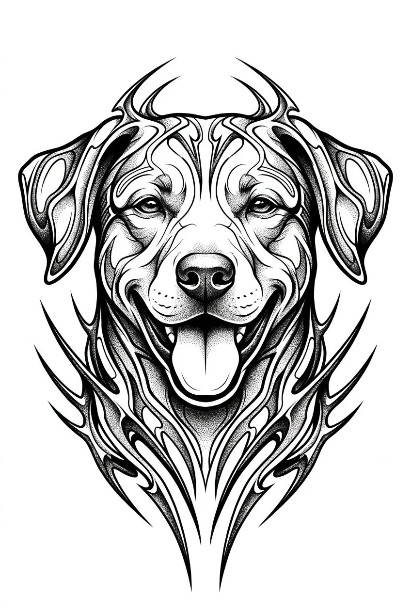 Cybersigilism Black & White AI tattoo — A joyous dog face with floppy ears and a tongue-out grin seamlessly emerges from