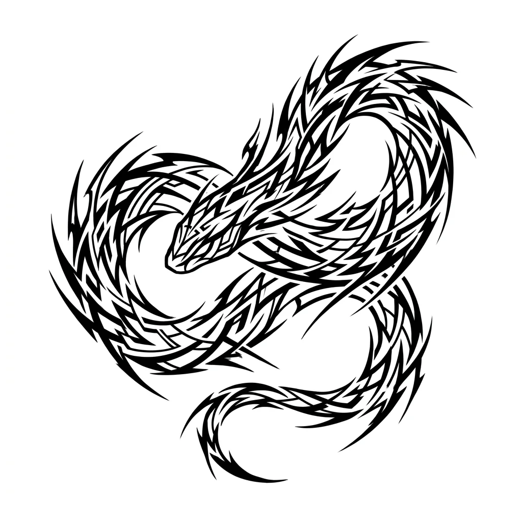 Cybersigilism Black & White AI snake tattoo — Abstract snake in Cybersigilism style, sharp bio-organic spikes forming a serpen