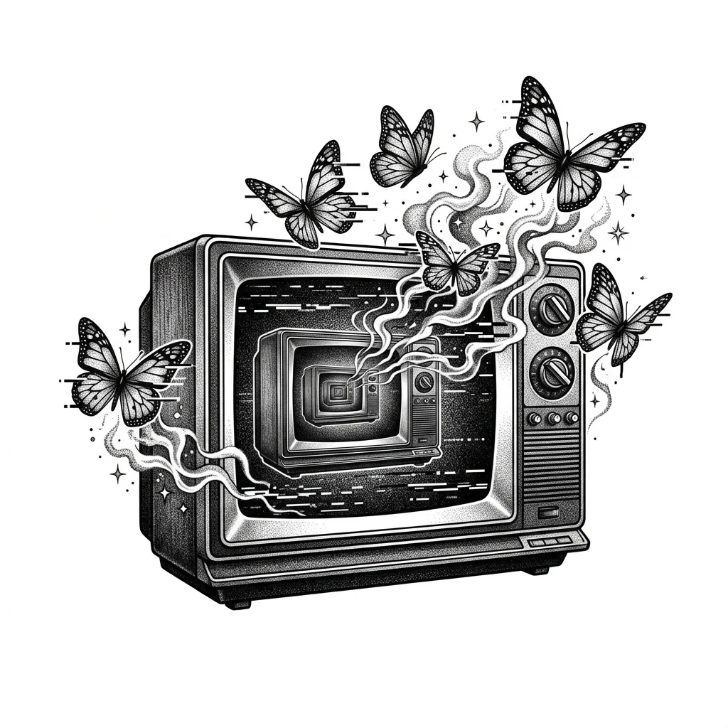 Custom Black & White AI butterfly tattoo — A vintage CRT television displaying an endless recursive image of itself, each s