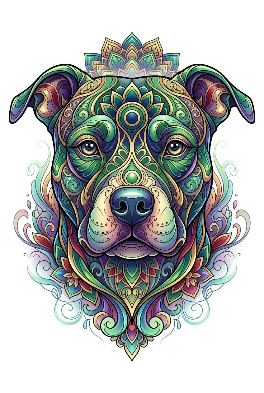 Ornamental Color AI tattoo — Elegant ornamental colorful tattoo design of a Pit Bull Terrier, created with fl