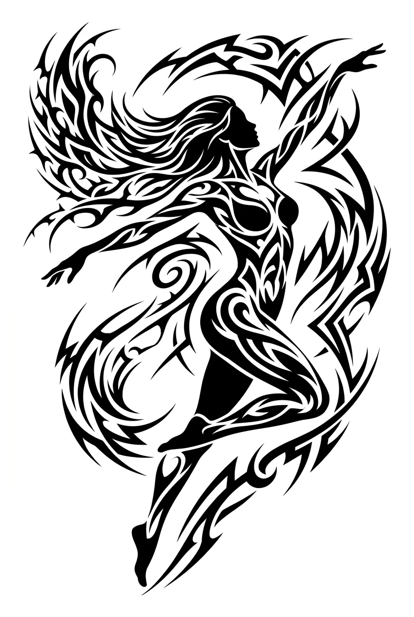 Tribal Black & White AI rose tattoo — A dynamic female silhouette frozen mid-spin, her form defined by bold, sweeping 