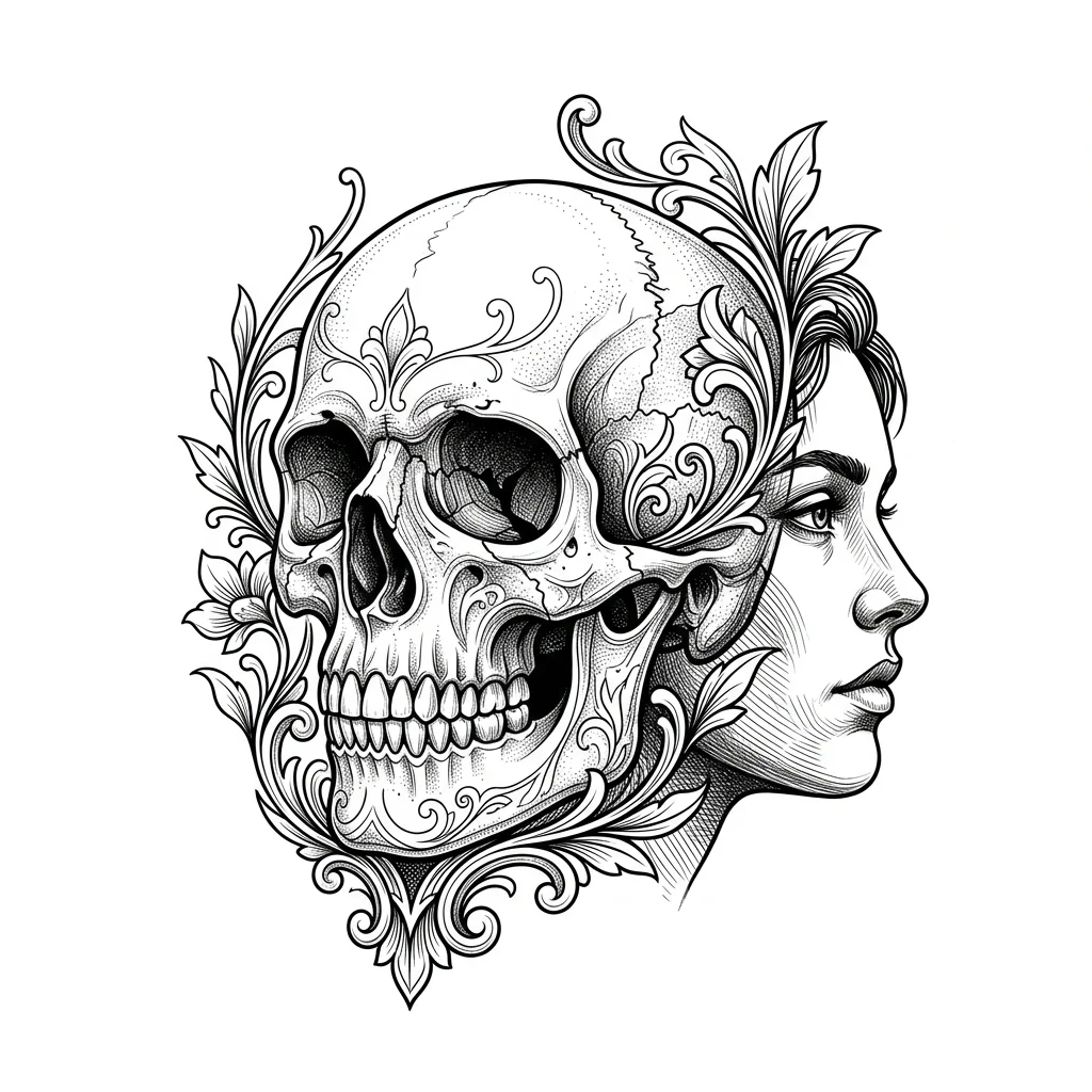 Custom Black & White AI skull tattoo — Fine line black tattoo design, realistic skull casting a shadow shaped like a li