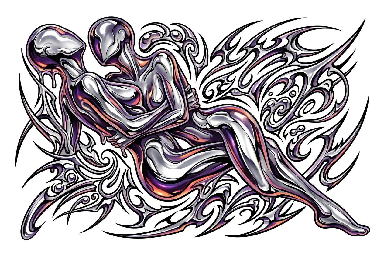Y2k Chrome Color AI tattoo — Futuristic Y2K and Chrome abstract erotic forms, liquid metal aesthetic with hig