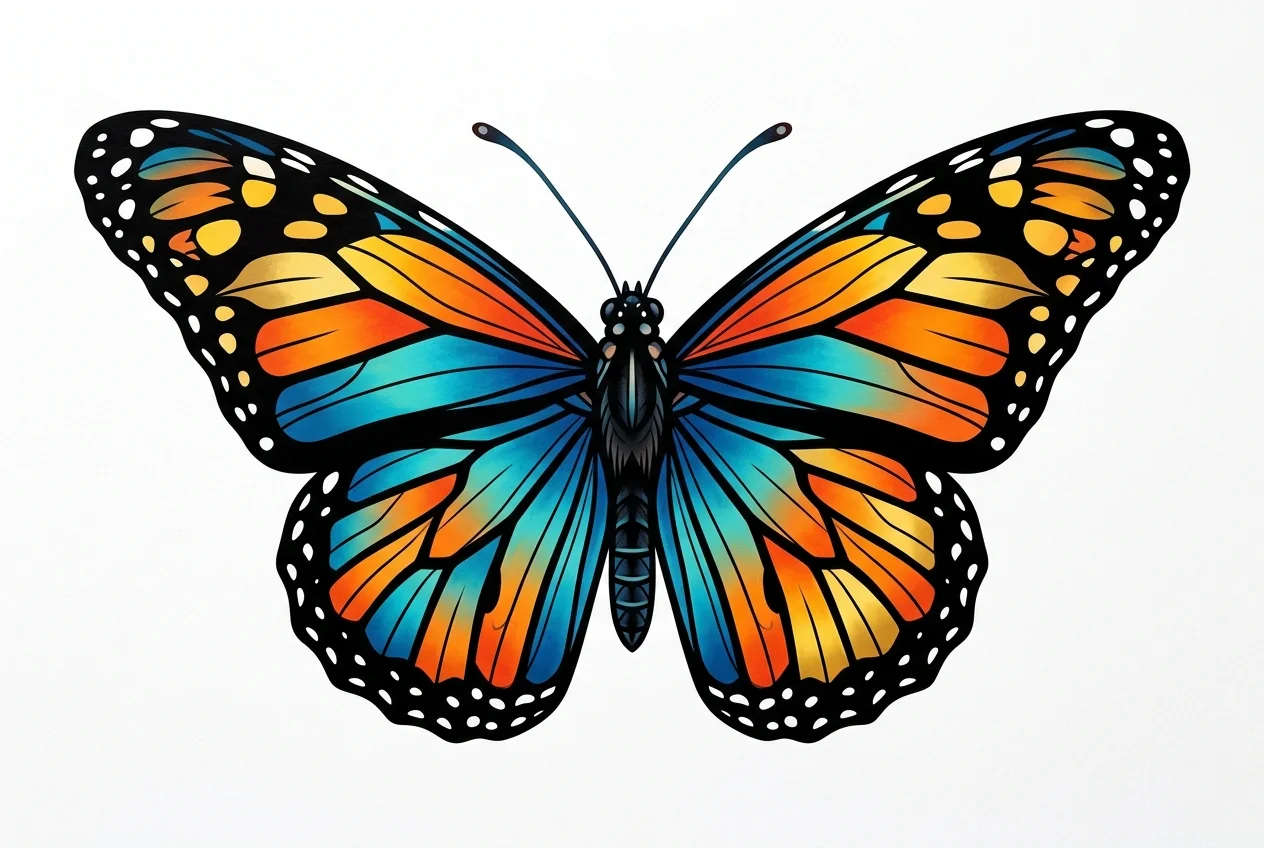 Minimalist Color AI butterfly tattoo — butterfly, no text at all.