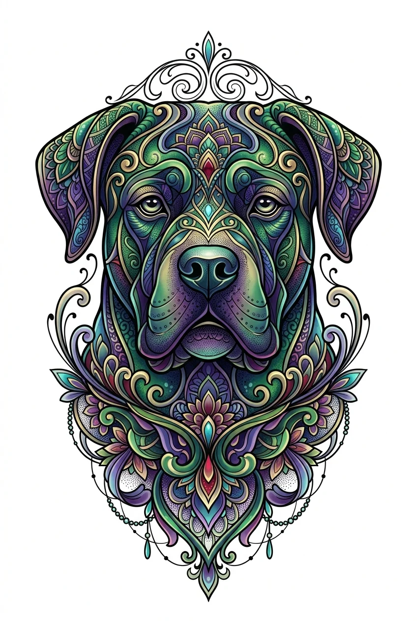Ornamental Color AI tattoo — Elegant ornamental colorful tattoo design of a Cane Corso, created with flowing 