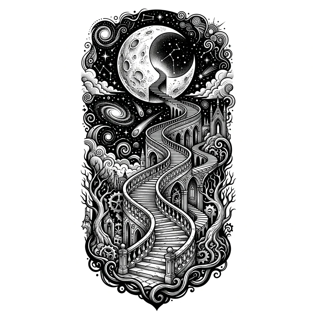 Custom Black & White AI moon & sun tattoo — Surreal tattoo artwork, endless staircase winding upward into a detailed moon, d
