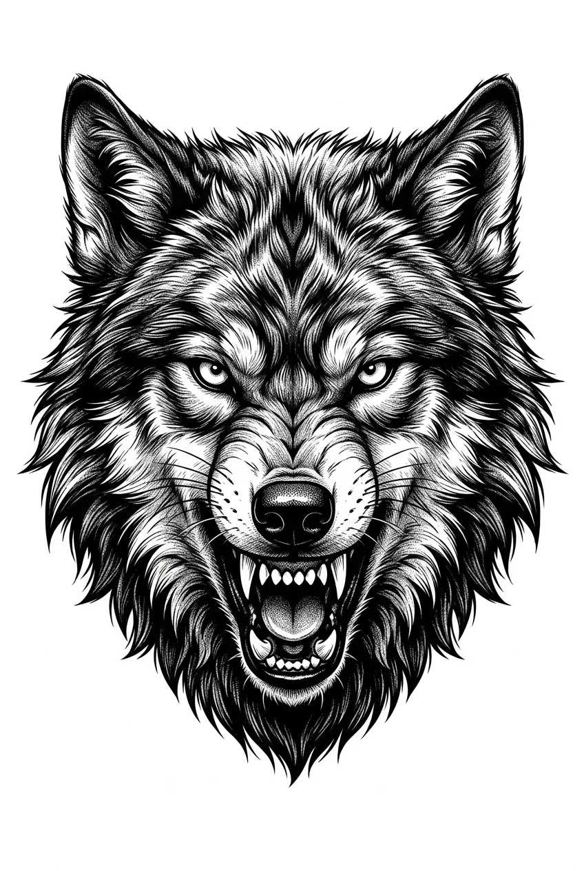 Realism Black & White AI wolf tattoo — Scary wolf face, looking just straight to the camera