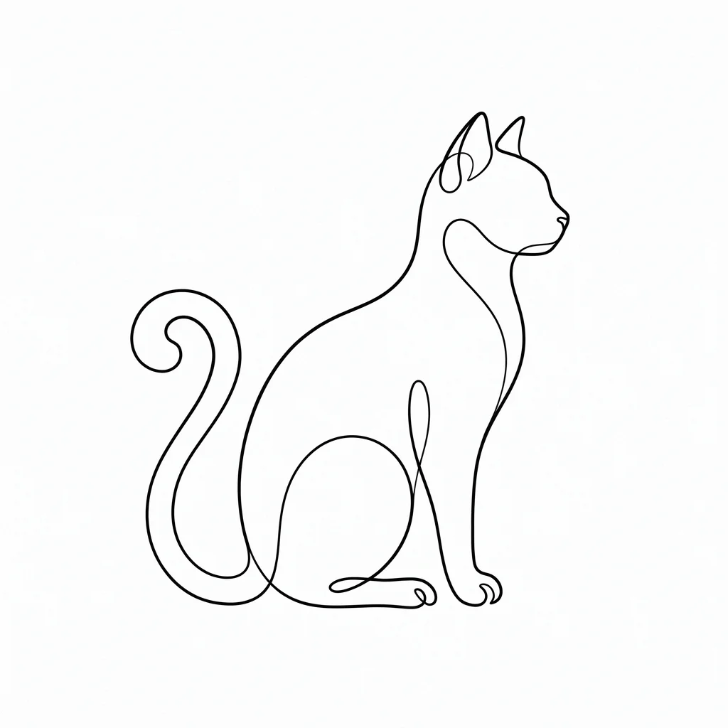 Minimalist Black & White AI tattoo — Ultra-minimalist continuous drawing line cat, composed of a single, flowing deli