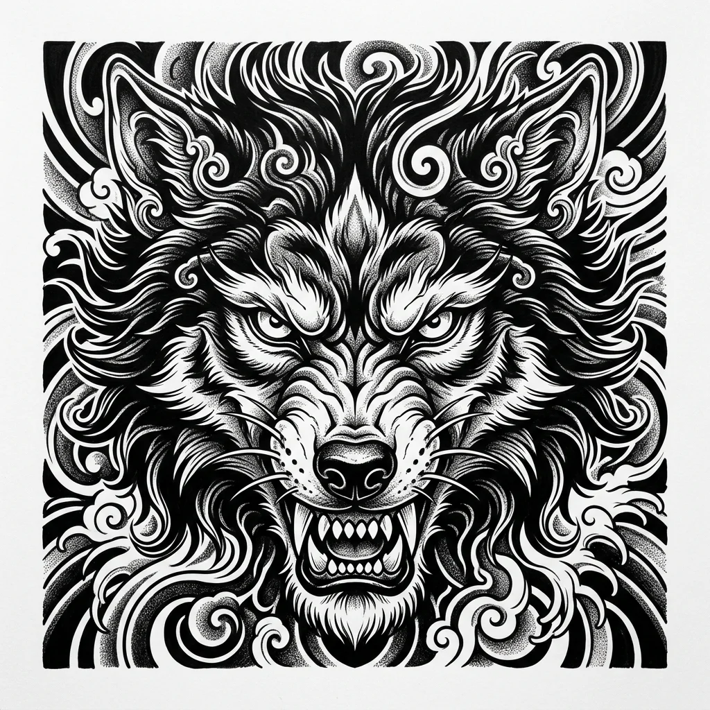 Irezumi Black & White AI wolf tattoo — Wolf face, looking just straight to the camera