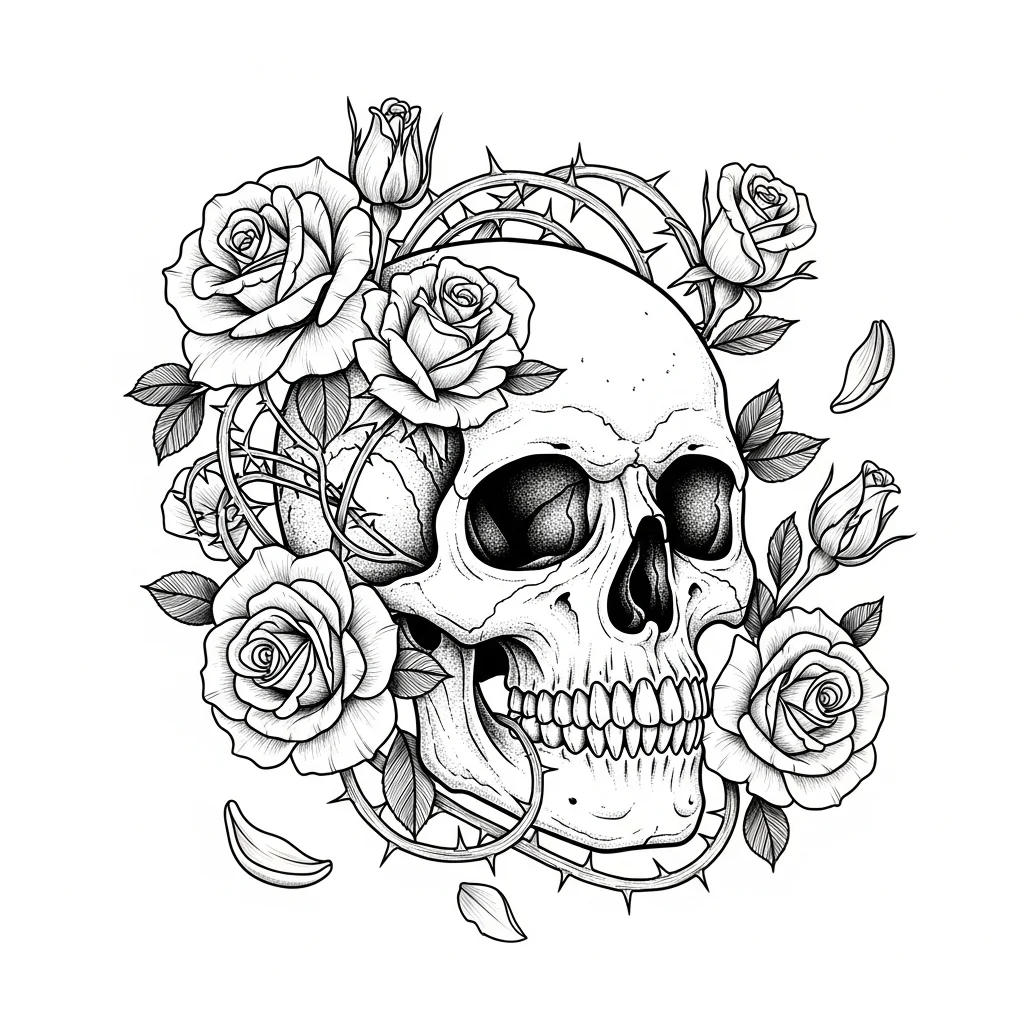 Realism Black & White AI skull tattoo — Skull and roses