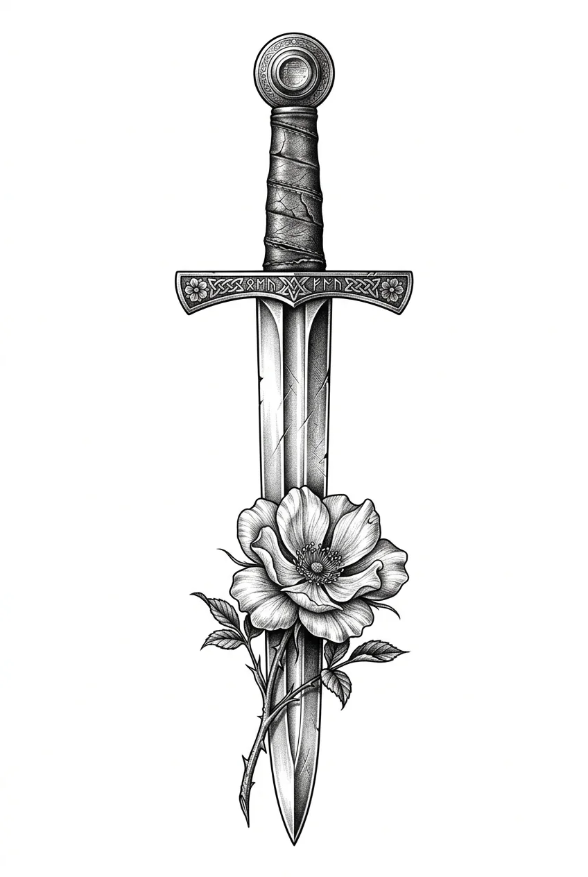 Custom Black & White AI dagger & sword tattoo — An intricately detailed medieval sword, its razor-sharp steel blade gleaming wit