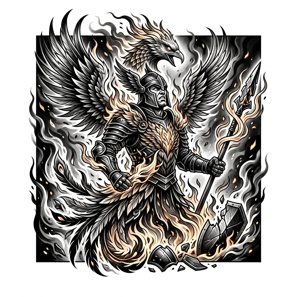 Custom Black & White AI tattoo — A powerful symbolic tattoo of a warrior forged from the flames of a phoenix. The