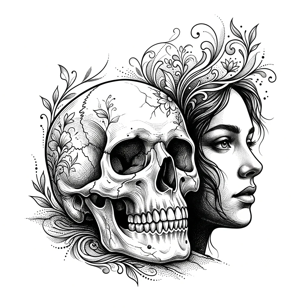 Custom Black & White AI skull tattoo — Fine line black tattoo design, realistic skull casting a shadow shaped like a li