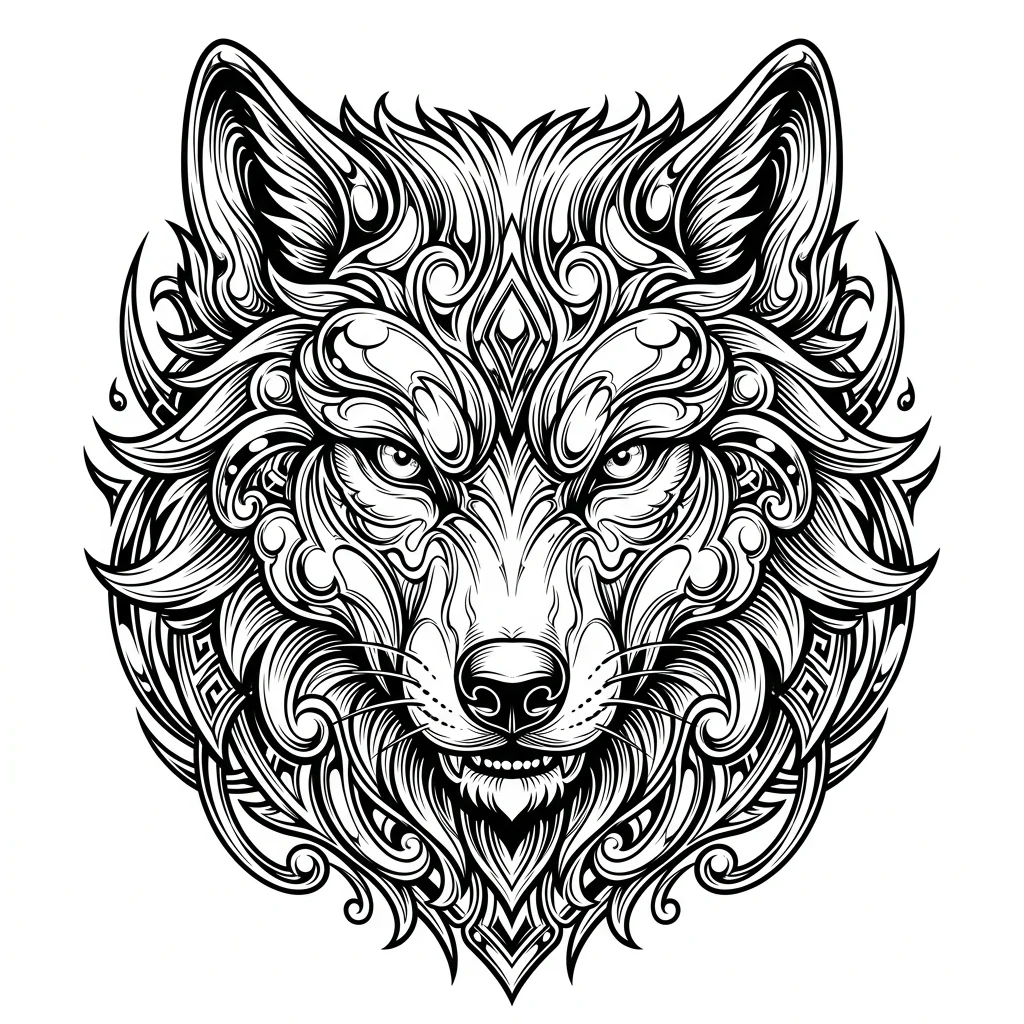 Y2k Chrome Black & White AI wolf tattoo — Wolf face, looking just straight to the camera