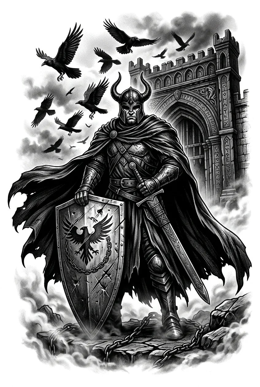 Custom Black & White AI dagger & sword tattoo — A towering warrior wearing a battle-worn cloak stands as a silent guardian befor