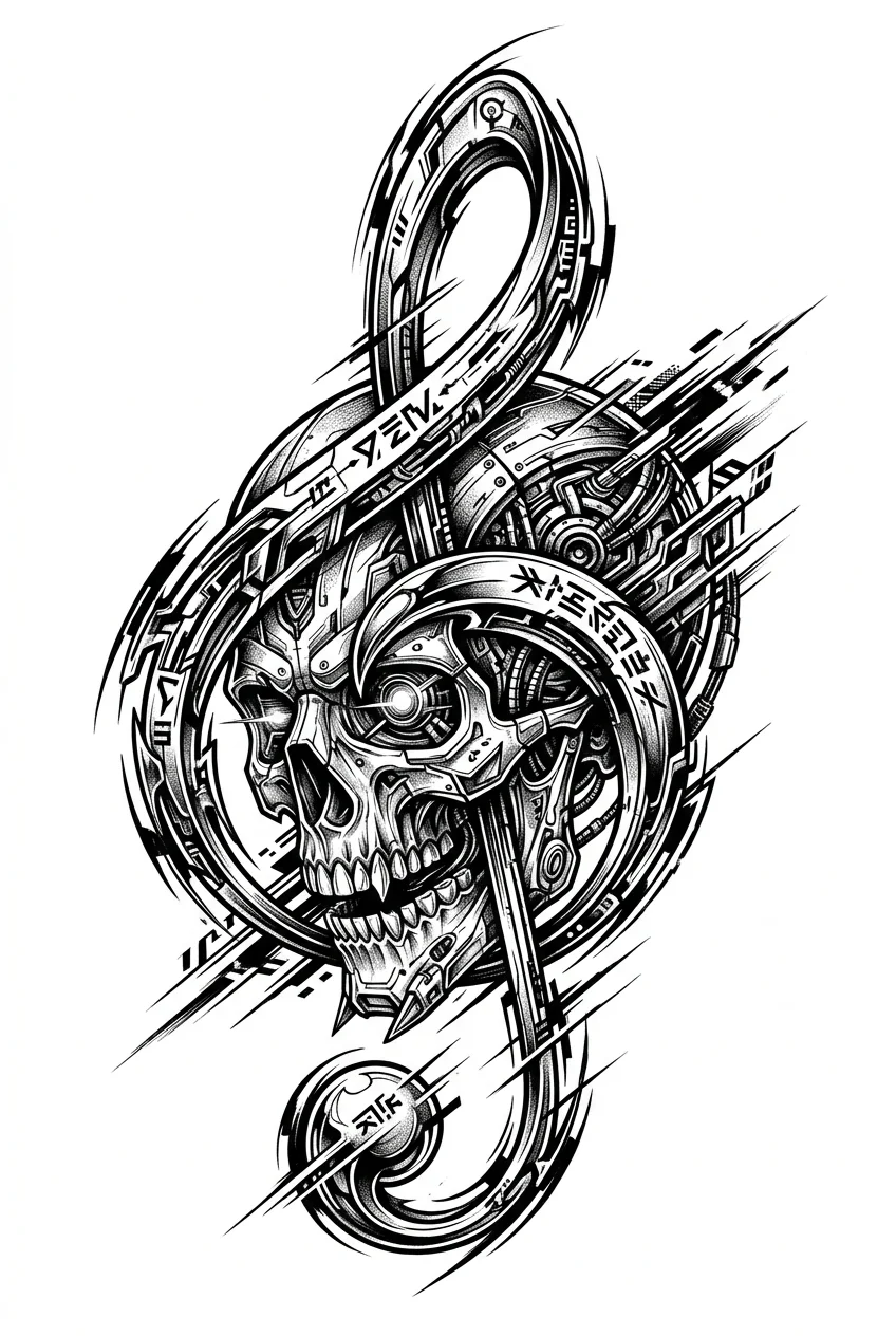 Cybersigilism Black & White AI tattoo — An ultra-realistic 3D tattoo of a biomechanical skull fused with a living treble