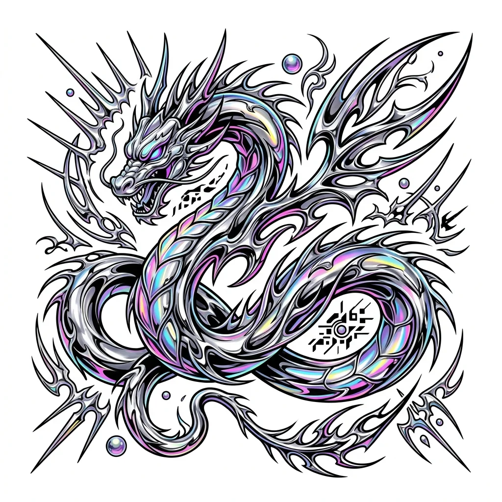 Y2k Chrome Color AI dragon tattoo — Futuristic Y2K and Chrome dragon, liquid metal aesthetic with high-gloss reflect