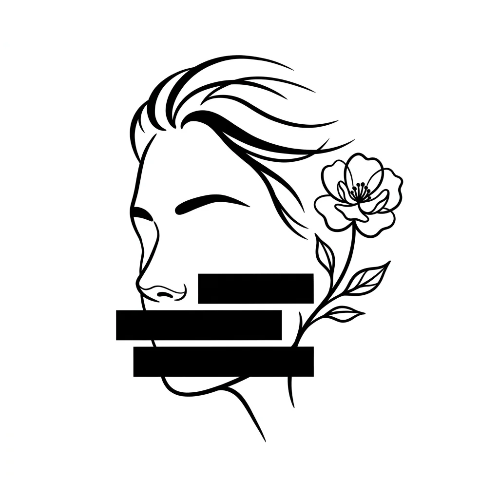 Custom Black & White AI tattoo — Minimalist blackwork tattoo, human face in profile, mouth covered by thick censo