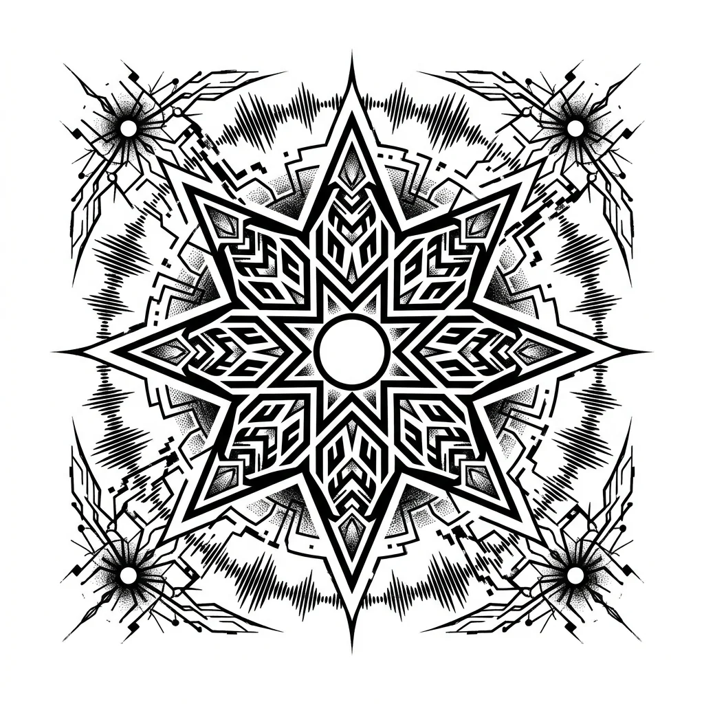 Cybersigilism Black & White AI tattoo — A traditional Persian 8-pointed geometric star (Shamseh / شمسه) whose outward fa