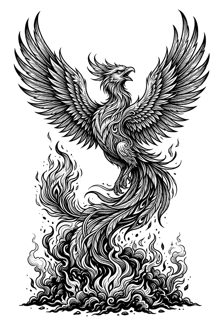 Custom Black & White AI phoenix tattoo — Phoenix  raising up from ash