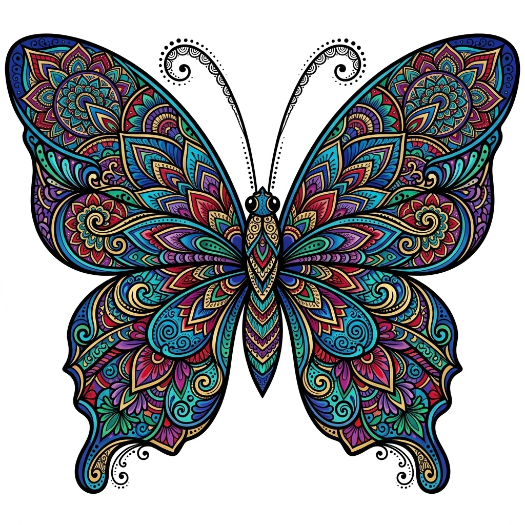 Ornamental Color AI butterfly tattoo — Symmetrical butterfly, no text.