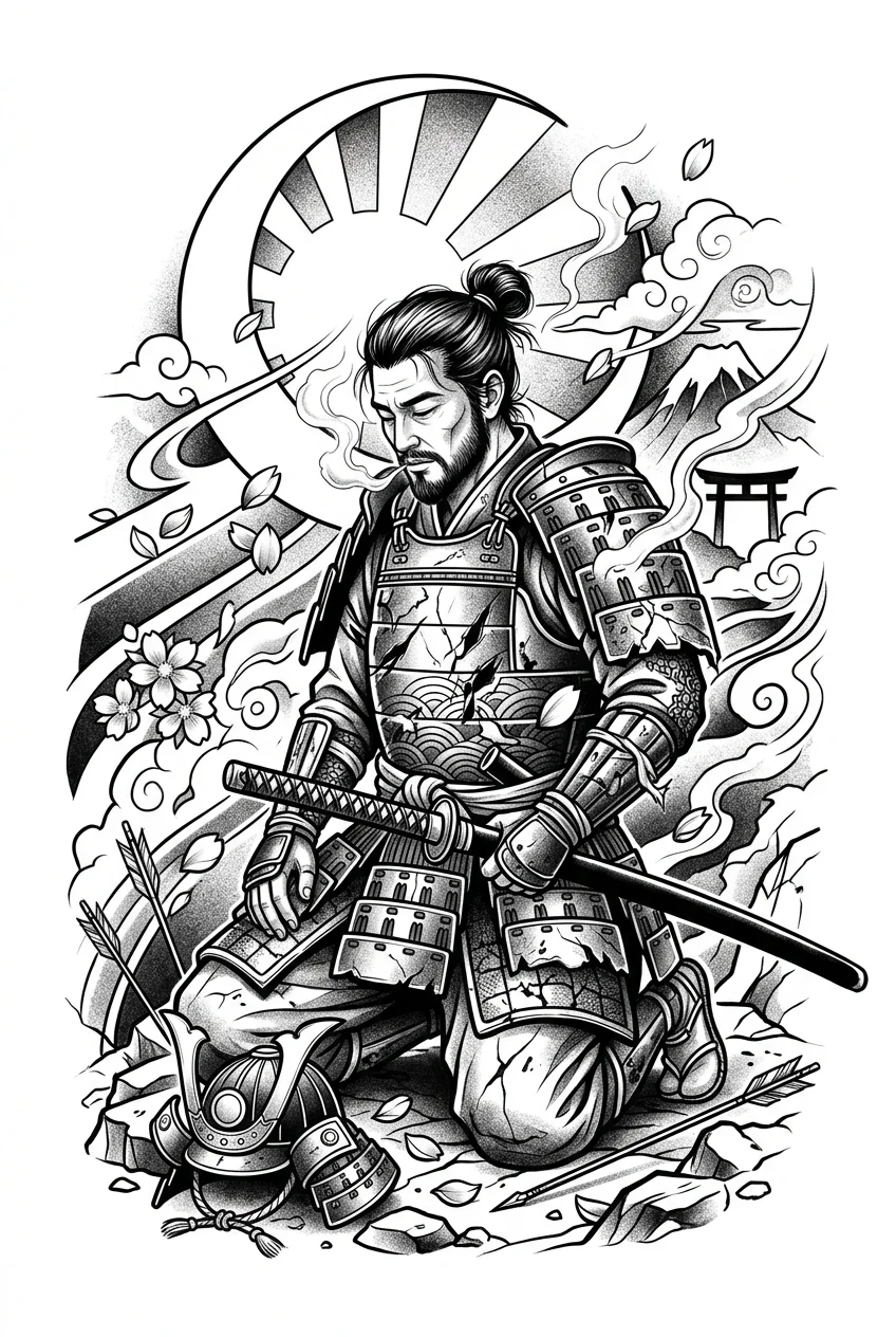 Custom Black & White AI moon & sun tattoo — A lone samurai kneeling after battle, katana resting across his knees, armor dam