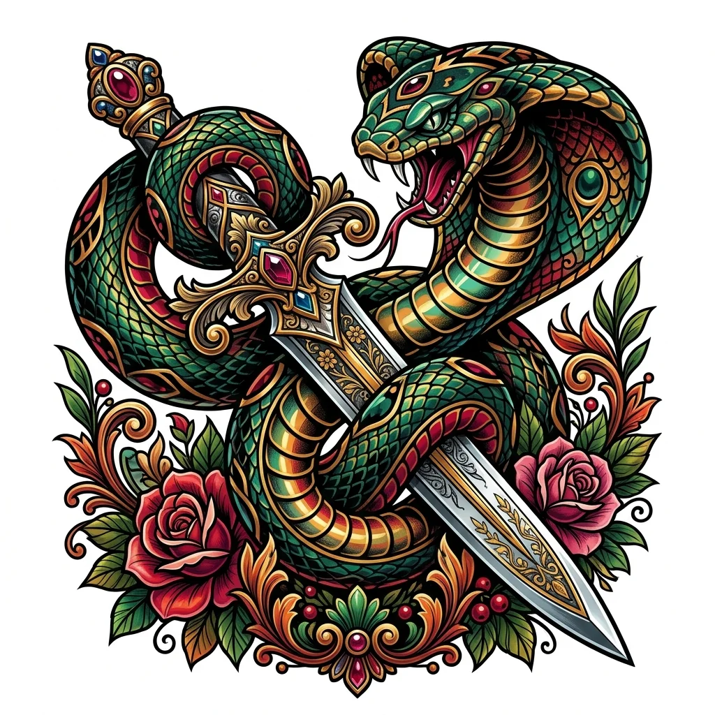 Neo Traditional Color AI dagger & sword tattoo — Neo-traditional snake tattoo, a thick cobra coiled around a decorative dagger, b