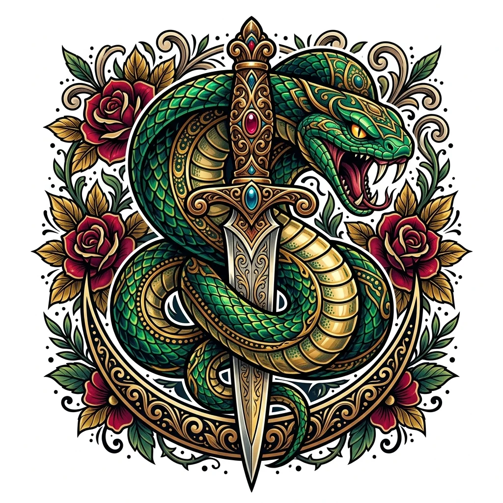 Neo Traditional Color AI dagger & sword tattoo — Neo-traditional snake tattoo, a thick cobra coiled around a decorative dagger, b