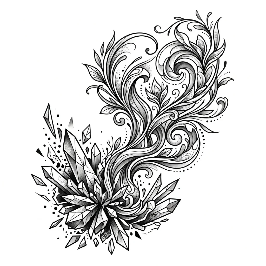 Custom Black & White AI tattoo — Abstract tattoo depicting rebirth, shattered crystalline forms evolving into flo
