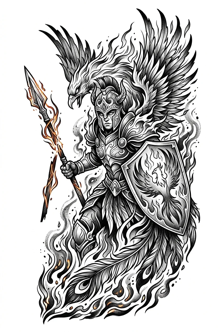 Custom Black & White AI tattoo — A powerful symbolic tattoo of a warrior forged from the flames of a phoenix. The