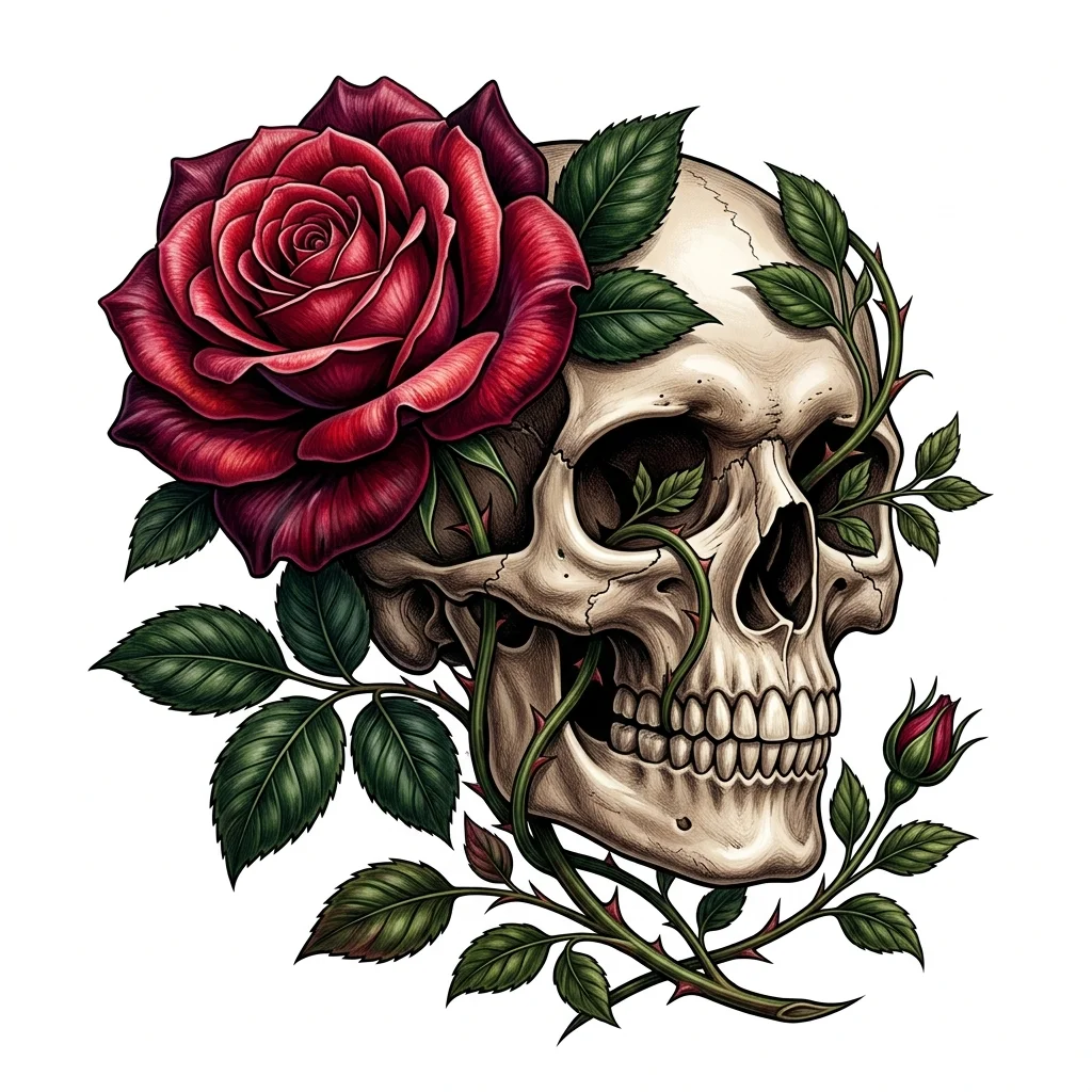 Custom Color AI skull tattoo — Rose and Skull lovely, no text