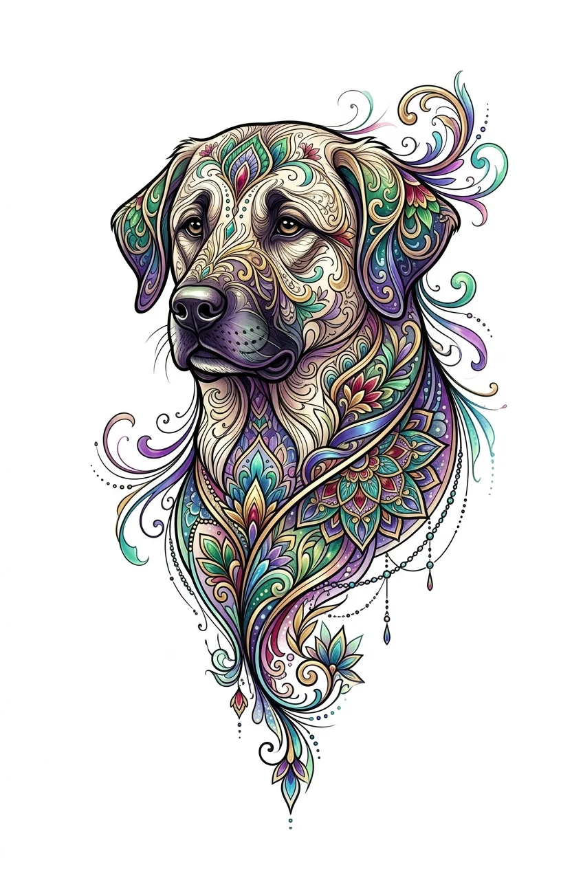 Ornamental Color AI tattoo — Elegant ornamental colorful tattoo design of a Turkish Kangal, created with flow