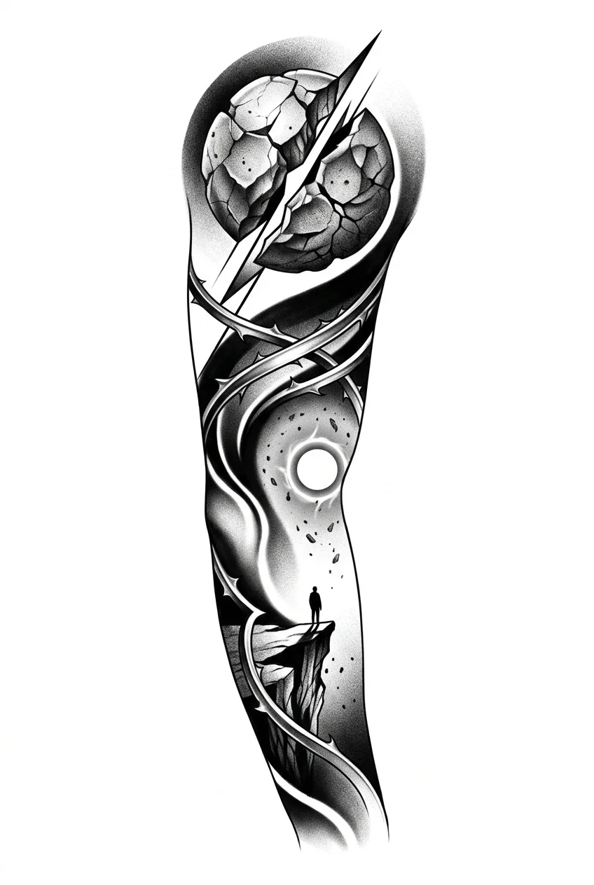 Realism Black & White AI moon & sun tattoo — A vertical sleeve design starting at the shoulder with a hyper-detailed, fractur