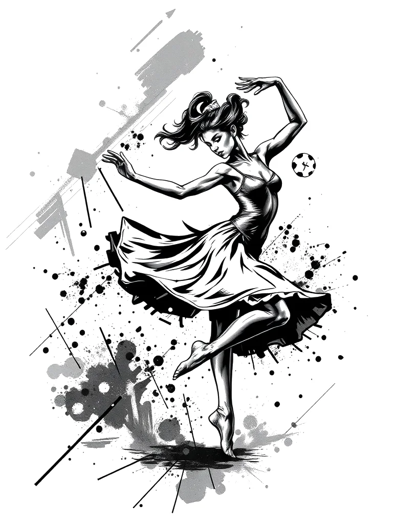 Custom Black & White AI mandala tattoo — A realistic female dancer in a dynamic, sweeping spin, her form rendered with pr