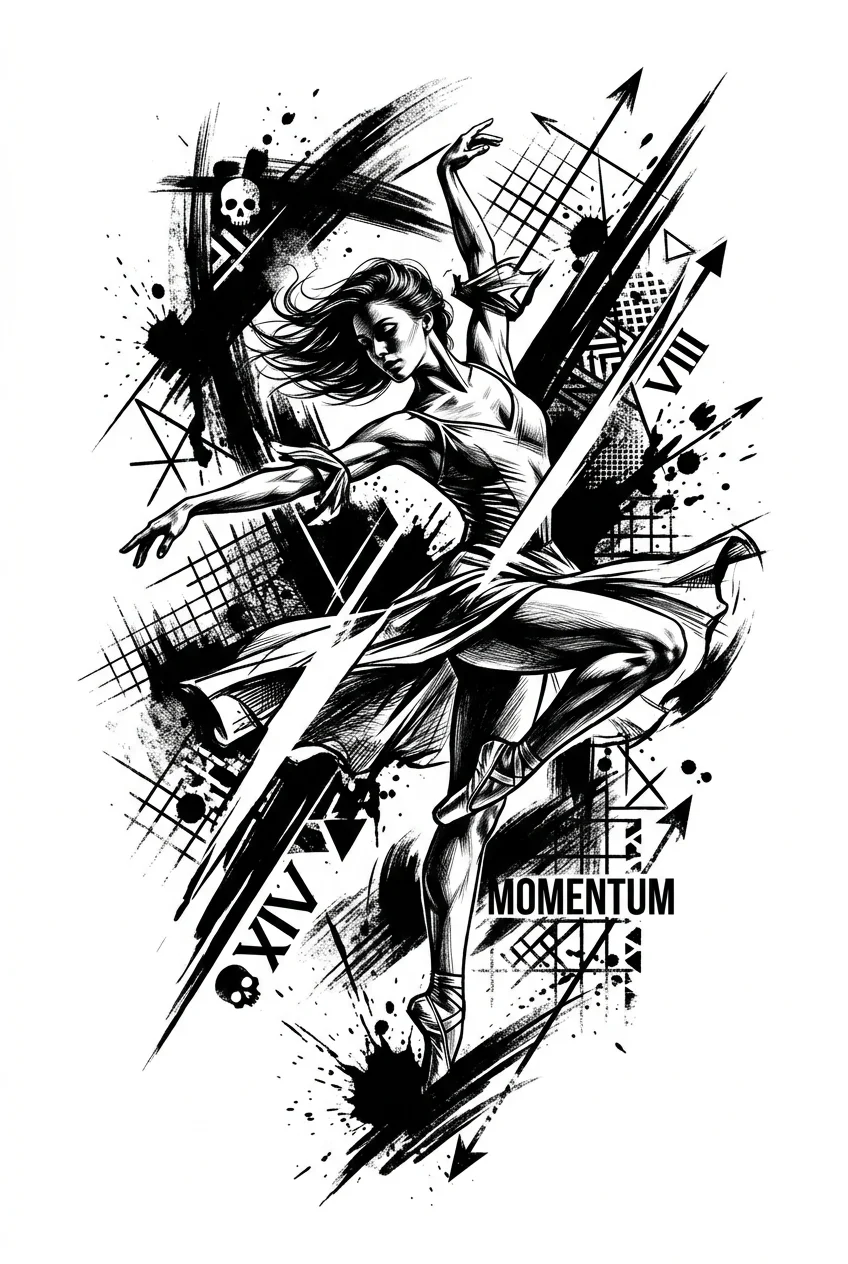 Custom Black & White AI mandala tattoo — A realistic female dancer in a dynamic, sweeping spin, her form rendered with pr