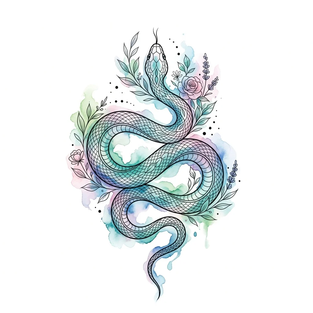 Fine Line Watercolor AI snake tattoo — Fine Line snake tattoo, a graceful serpent winding in an elegant S-curve, delica