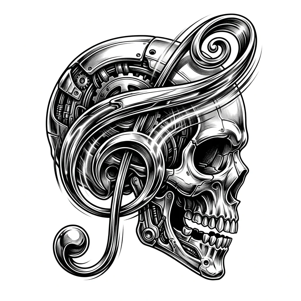 Realism Black & White AI tattoo — An ultra-realistic 3D tattoo of a biomechanical skull fused with a living treble