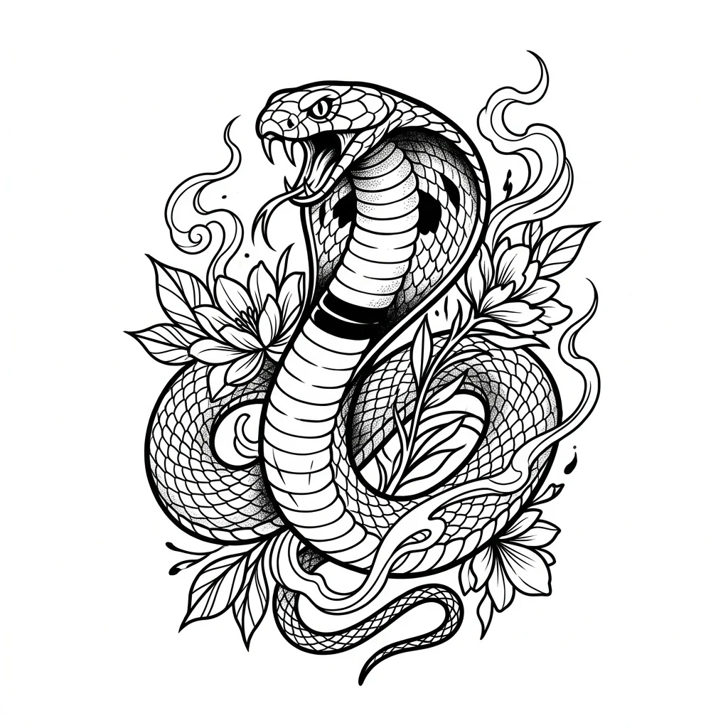 Minimalist Black & White AI snake tattoo — Snake tattoo, a large king cobra with flared hood, bold varying line weights, ri