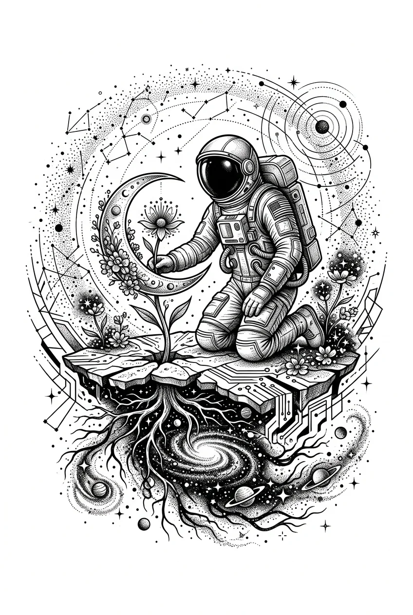 Custom Black & White AI moon & sun tattoo — A lone astronaut kneels in an empty cosmic landscape, gently planting a crescent
